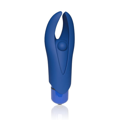Compact blue finger vibrator with flexible dual prongs and central pleasure bead, designed for targeted stimulation.