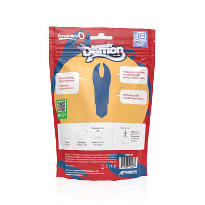 Packaging of Screaming O 4B Demon mini vibrator in red and yellow with product features and usage instructions.