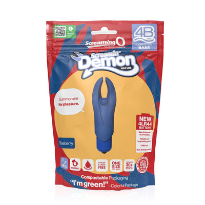 Blueberry-colored 4B Demon mini vibrator in eco-friendly compostable packaging with product features and branding.