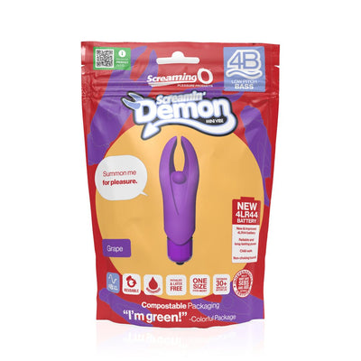 Screaming O 4B Demon grape purple mini vibrator in eco-friendly compostable packaging with product features and branding.