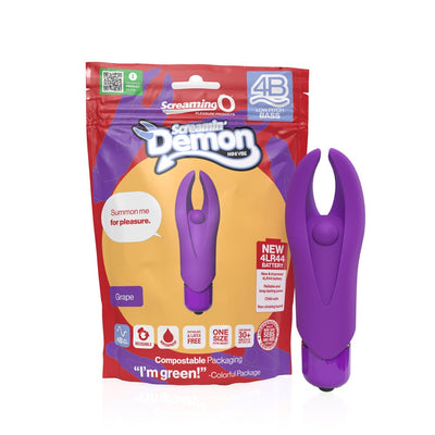 Purple 4B Demon mini vibrator with flexible horns and clitoral bead, shown with eco-friendly compostable packaging.