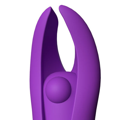 Close-up of purple 4b Demon Finger Vibrator with flexible horns and central pleasure bead.