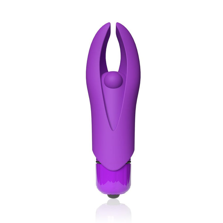 Compact purple silicone finger vibrator with flexible horns and a central pleasure bead, designed for targeted clitoral stimulation.