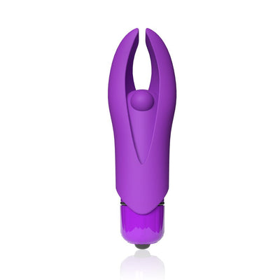 Compact purple silicone finger vibrator with flexible horns and a central pleasure bead, designed for targeted clitoral stimulation.