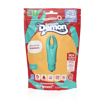 Screaming O 4B Demon mini vibrator in teal with compostable red and yellow packaging highlighting eco-friendly features.