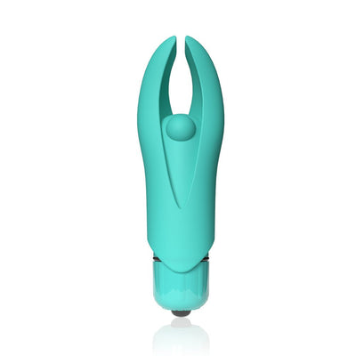 Compact turquoise silicone finger vibrator with flexible split tip and rounded pleasure bead.