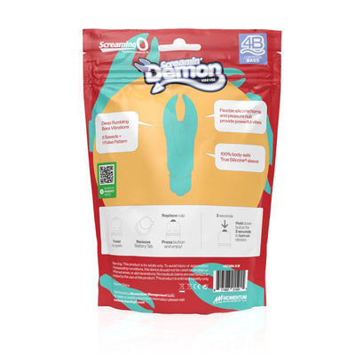 Back packaging of Screaming O 4b Demon Finger Vibrator with product features and usage instructions.