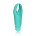 Compact turquoise silicone vibrator with flexible dual prongs and a central pleasure bead, designed for targeted stimulation.
