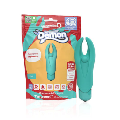 Teal 4b Demon mini vibrator with flexible horns shown next to eco-friendly compostable packaging.