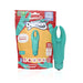 Teal 4b Demon mini vibrator with flexible horns shown next to eco-friendly compostable packaging.
