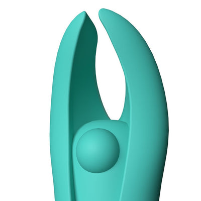 Close-up of a teal silicone finger vibrator with flexible arms and a central pleasure bead.