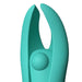 Close-up of a teal silicone finger vibrator with flexible arms and a central pleasure bead.