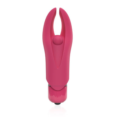 Compact pink silicone finger vibrator with flexible horns and a central pleasure bead, designed for targeted stimulation.