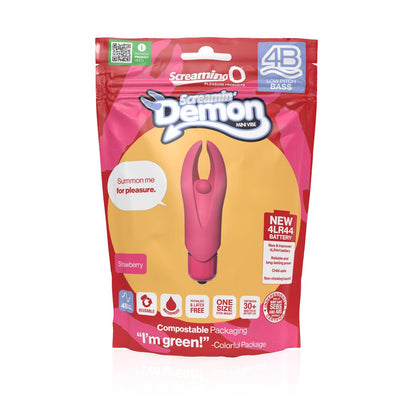 Packaging of Screaming O 4B Demon mini vibrator in strawberry pink with eco-friendly, compostable design and product features highlighted.