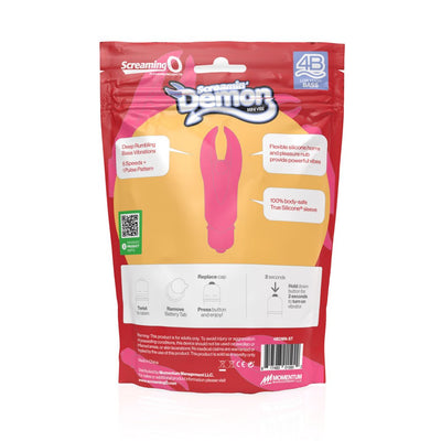 Packaging of Screaming O 4B Demon mini vibrator in grape purple with product features and usage instructions on the back.