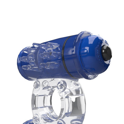 Clear and blue vibrating ring with textured tip and adjustable stretchy band for enhanced intimate pleasure.