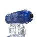 Clear and blue vibrating ring with textured tip and adjustable stretchy band for enhanced intimate pleasure.