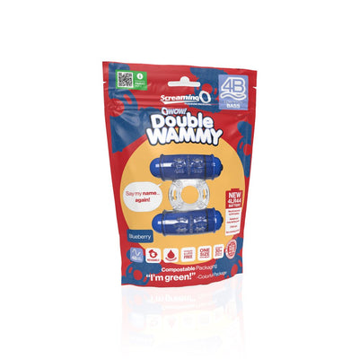 Packaging of the 4B Double Wammy vibrating ring in blueberry color with eco-friendly and reusable features highlighted.