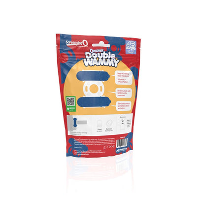 Back view of 4B Double Wammy vibrating ring packaging highlighting product features and usage instructions.