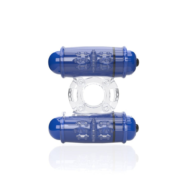 Clear and blue dual vibrating ring with textured motors designed for couples' intimate use.