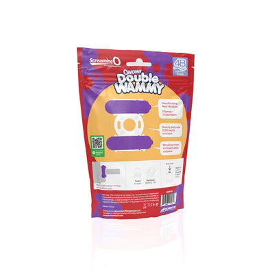 Packaging of Screaming O 4B Double Wammy vibrating ring with product features and usage instructions on the back.