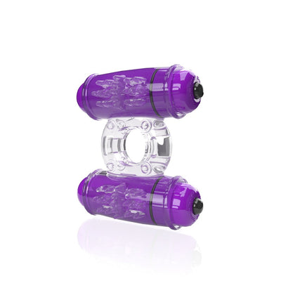 Purple double vibrating ring with textured motors and clear stretchy band on white background.