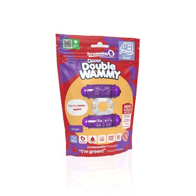 Packaging of the 4B Double Wammy vibrating ring in grape color with eco-friendly and reusable features highlighted.