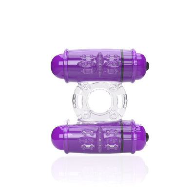 Purple double vibrating ring with textured surface and clear stretchy band designed for couples' intimate use.