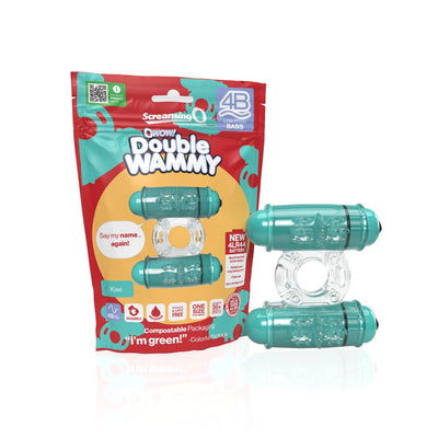 4B Double Wammy vibrating ring in clear and teal with eco-friendly packaging shown side by side.