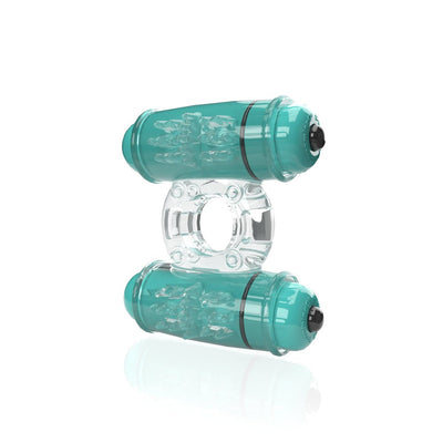 Clear vibrating ring with two teal textured motors designed for dual stimulation and enhanced pleasure.