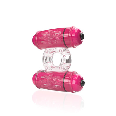 Clear and pink double vibrating ring with textured motors on each side and a stretchy band in the center.