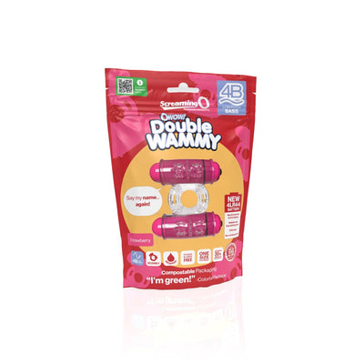 Packaging of the 4B Double Wammy vibrating ring in strawberry color with eco-friendly and reusable features highlighted.