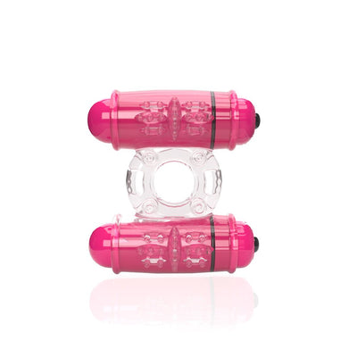 Pink double vibrating ring with textured motors and clear stretchy band, designed for couples' intimate use.