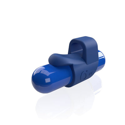 Compact blue finger vibrator with ergonomic loop and control button, designed for hands-free stimulation.