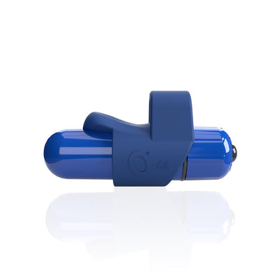 Compact blue finger vibrator with ergonomic silicone loop and smooth bullet design on reflective surface