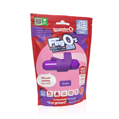 Packaging of 4b Fingo Slim finger vibrator in grape color with eco-friendly and waterproof features highlighted.