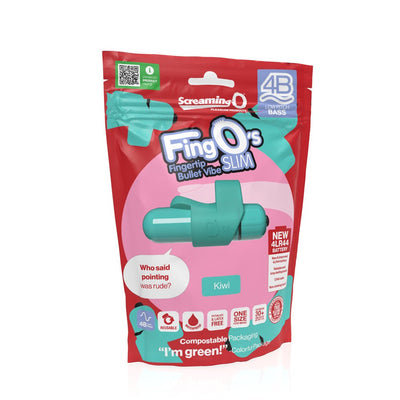 Packaging of 4b Fingo Slim finger vibrator in kiwi green with eco-friendly and waterproof features highlighted.