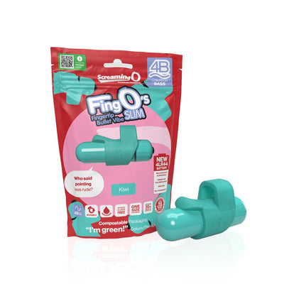 4b Fingo Slim finger vibrator in kiwi green with eco-friendly packaging highlighting waterproof and reusable features.