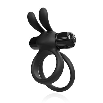 Black silicone double ring with attached vibrating rabbit ears and adjustable control dial.