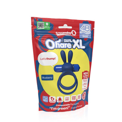 Packaging of Screaming O 4B Ohare XL wearable rabbit vibe in blueberry color with eco-friendly and reusable features highlighted.
