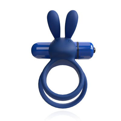 Blue silicone double ring with rabbit ear vibrator and removable bullet for customizable stimulation.