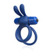 Blue silicone double ring with flexible rabbit ear vibrator attachment and removable bullet motor.