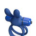 Blue silicone dual-ring vibrator with flexible rabbit ears and removable bullet for targeted stimulation.