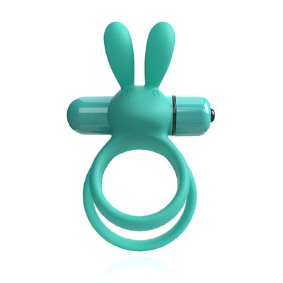Turquoise silicone vibrating ring with dual loops and rabbit ear-shaped stimulator.