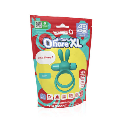Packaging of Screaming O 4B Ohare XL wearable rabbit vibe in kiwi green with eco-friendly and reusable features highlighted.