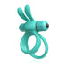 Teal double-ring vibrating device with flexible rabbit ears and adjustable control knob.