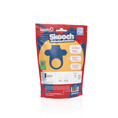 Packaging of 4B Skooch vibrating ring with flexible fins showing product features and usage instructions on a red and yellow background.