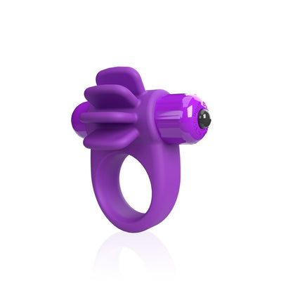 Purple vibrating silicone ring with fin-like extensions and a detachable bullet vibrator on a white background.
