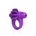 Purple vibrating silicone ring with fin-like extensions and a detachable bullet vibrator on a white background.
