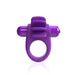 Purple vibrating cock ring with textured fins and a bullet vibrator, designed for enhanced stimulation and secure fit.